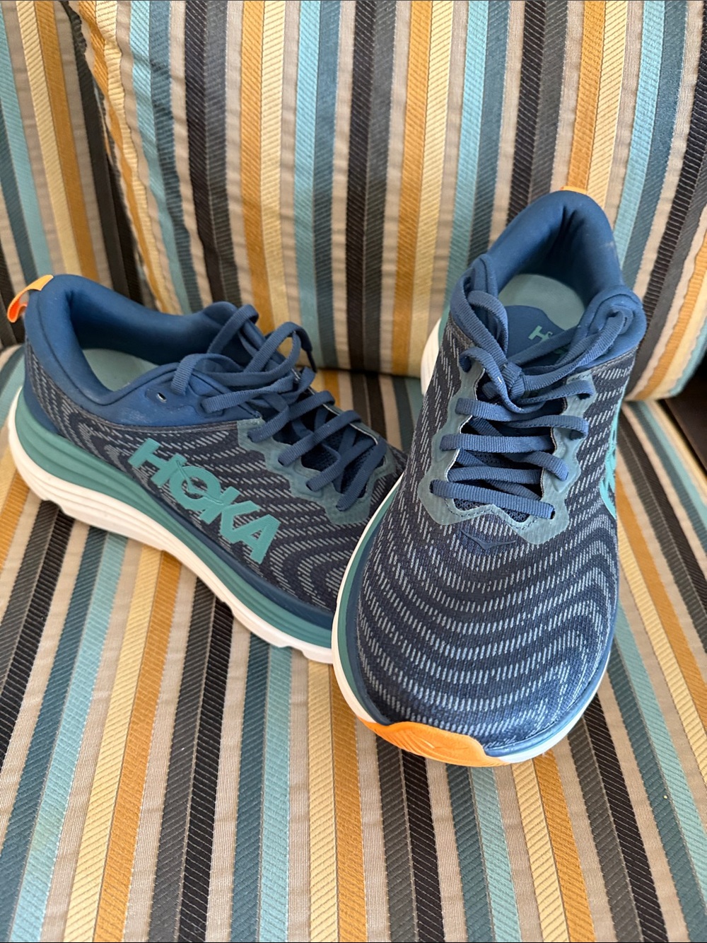 Hoka Men’s Gaviota 5 Navy and Teal Running Shoes with Orange Accent